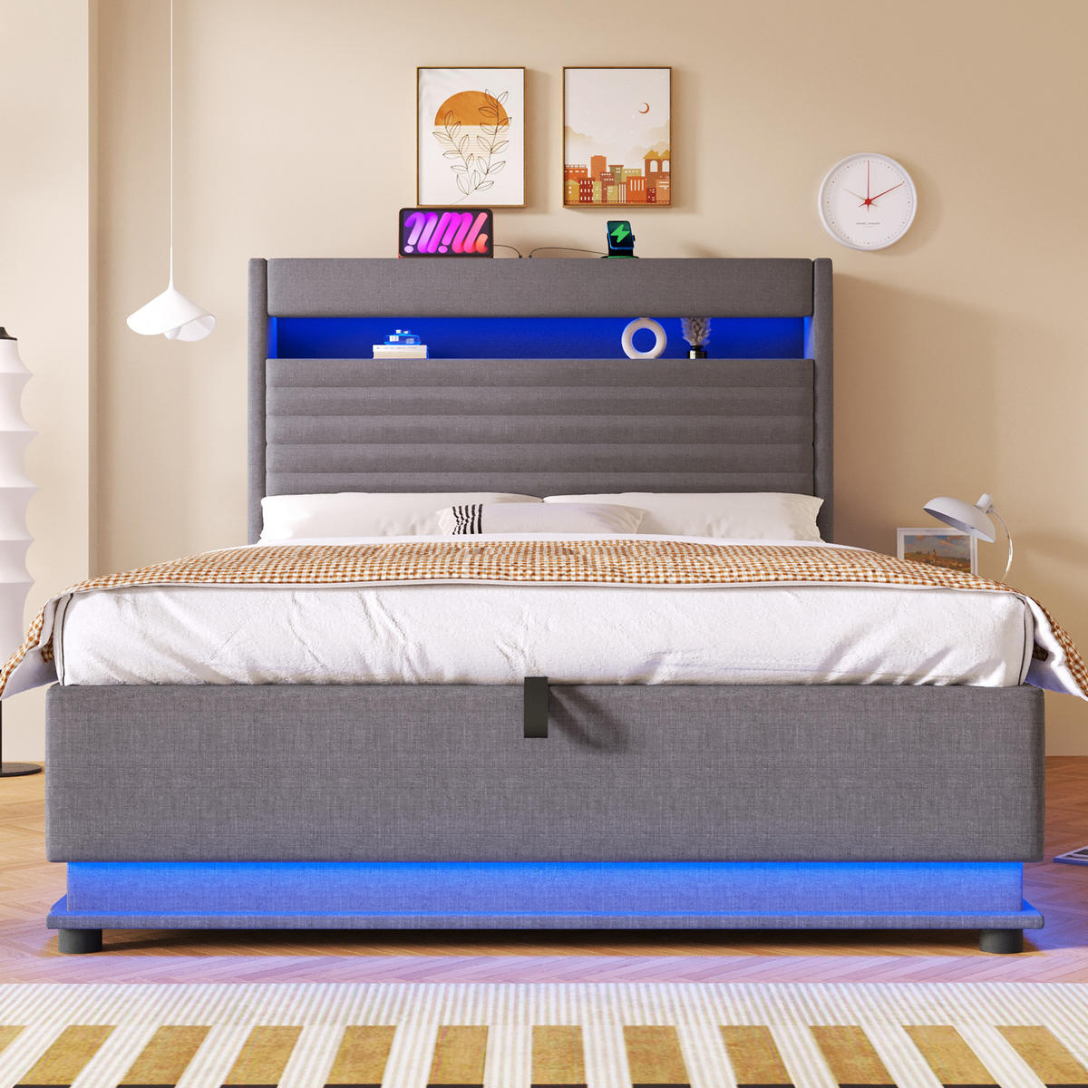 POLSTERBETT 140/200 cm mit LED-Beleuchtung, USB- und Typ-C-Anschluss, hydraulischem Stauraum, Leinen, Grau - Grau, Textil (140/200cm) - Redom