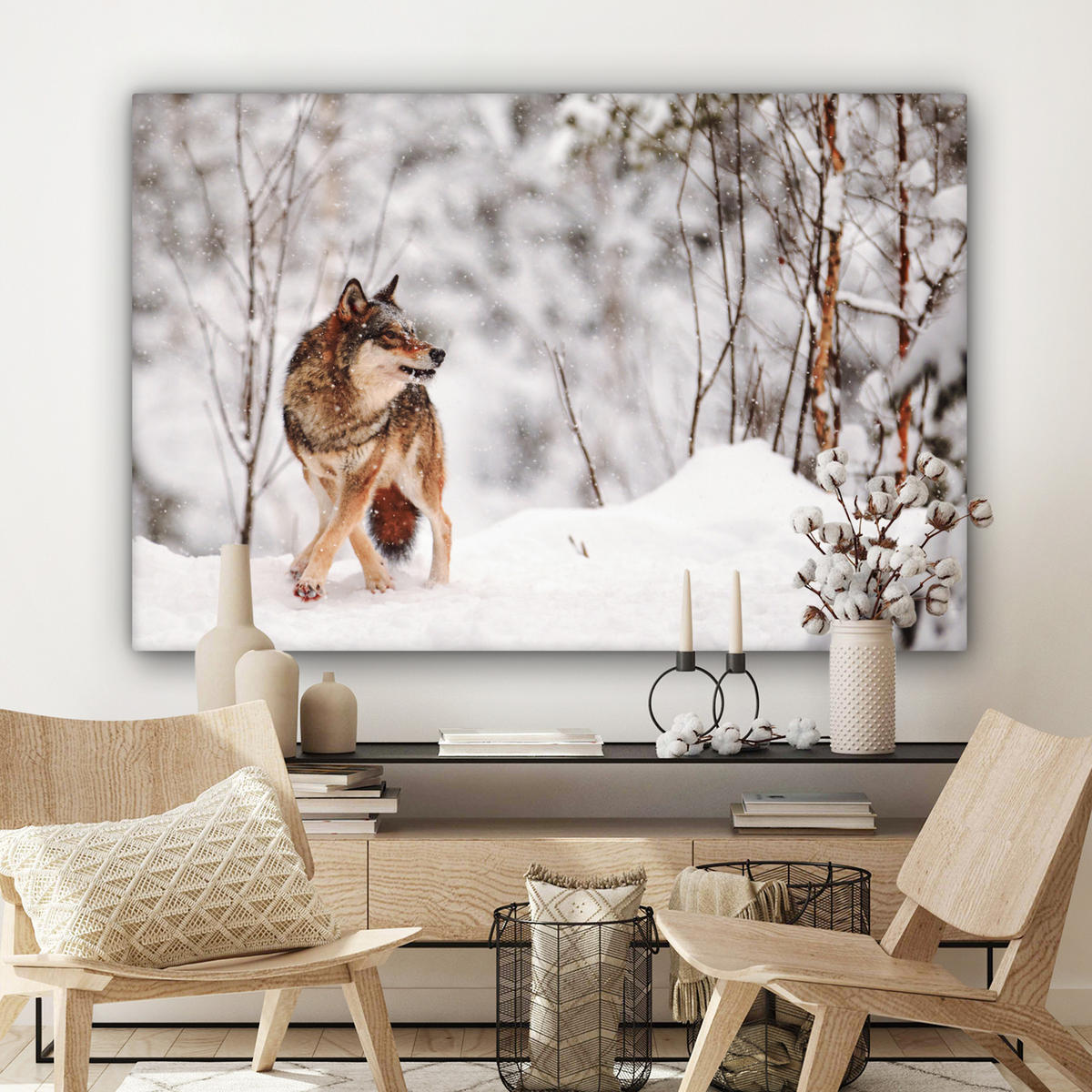 LEINWANDBILD Wolf - Winter - Schnee - Natur - Tiere Wohnzimmer Groß 120x80 cm - Haselnussfarben, Textil (120/80cm) - MuchoWow
