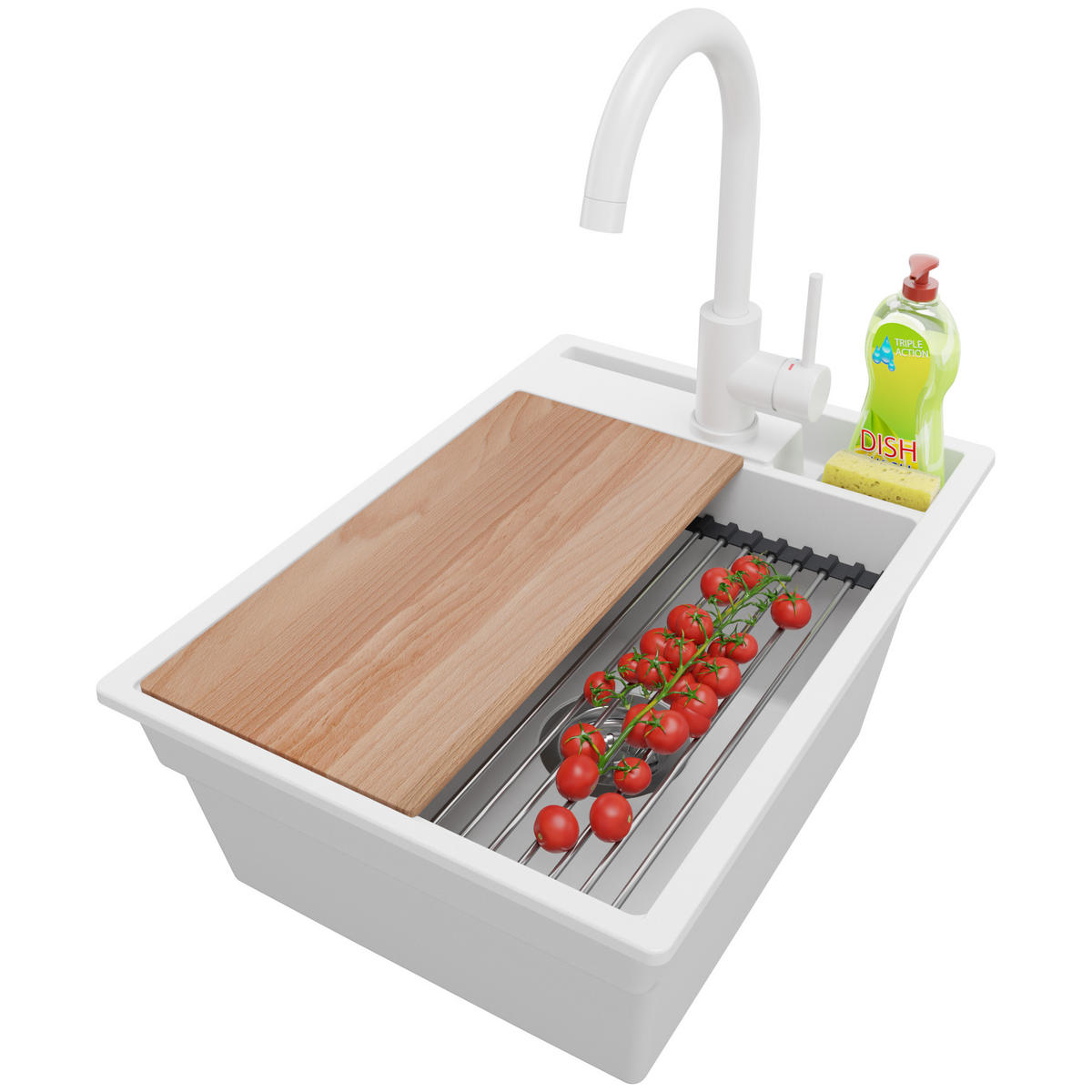 GRANITSPÜLE Oslo Pocket, 2-er set Weiß 38/53 cm 1 Becken + Küchenarmatur 32/20 cm + Ablauf-Set + Küchenzubehörset ab 40er Unterschrank - Chromfarben/Beige, Kunststoff (38/20/53cm) - Primagran