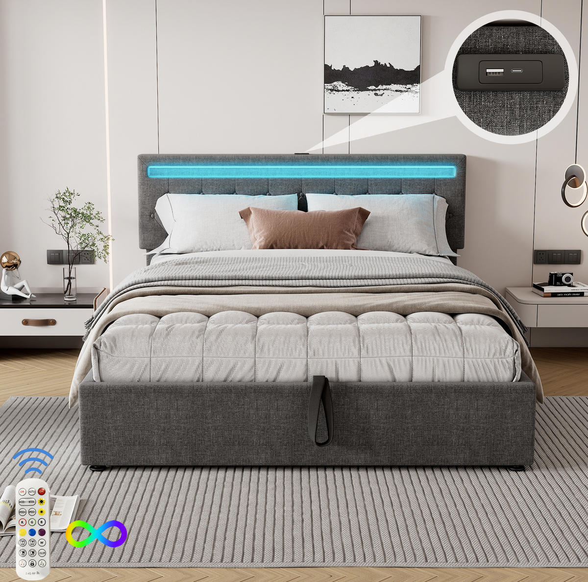 POLSTERBETT 160/200 cm Grau mit LED-Umgebungslicht und USB-Anschluss Ohne Matratze - Grau, Textil (160/200cm) - OKWISH