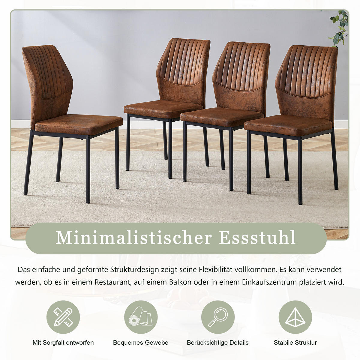 ESSZIMMERSTUHL 4er set stoff tech gepolstert metallbeine ergonomisch - Braun, Textil (43/93/42.6cm) - Urban Meuble