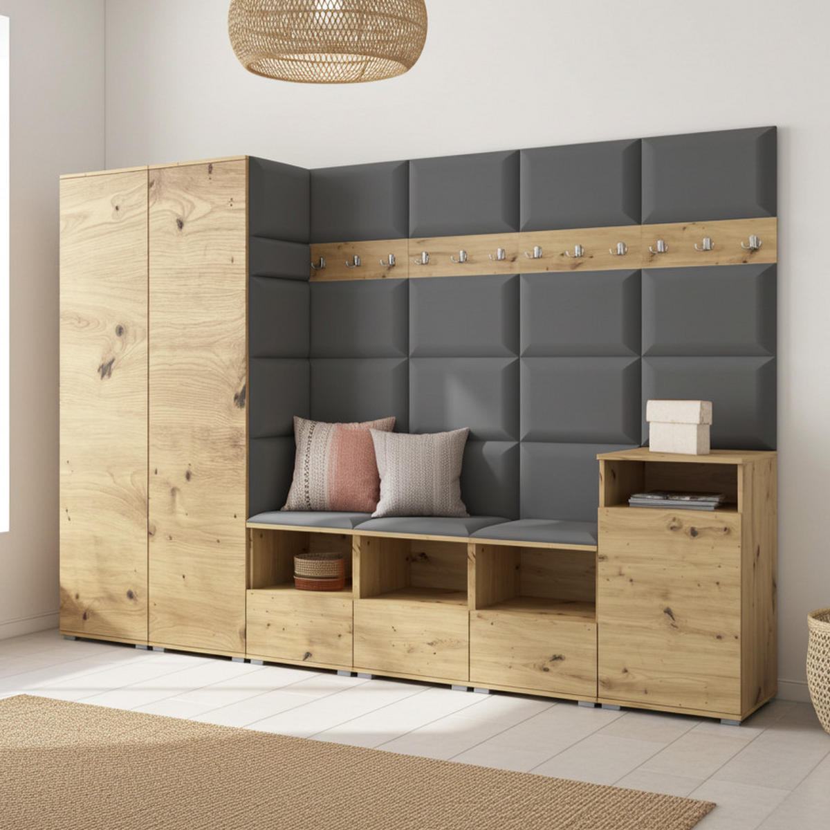 GARDEROBE NELA XII 300 cm (Modulare Flurmöbel Artisan Eiche mit Sitzpolster Dunkelgrau 15 Gigantisches Set) - Dunkelgrau/Silberfarben, Holz/Holzwerkstoff (300/187/40cm) - Ravio