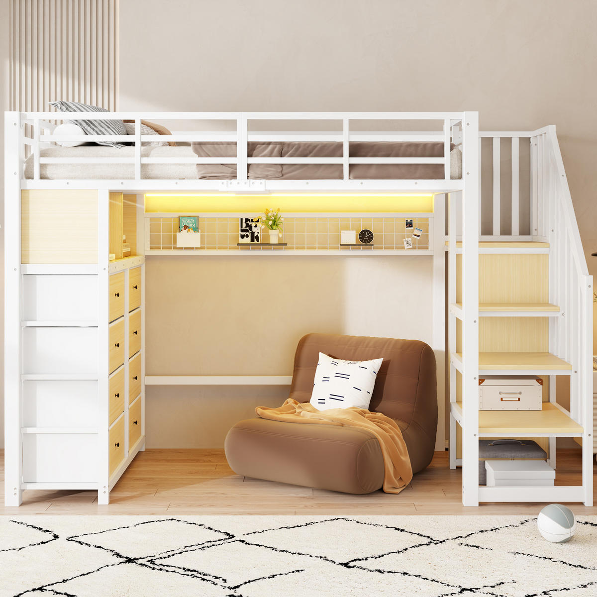 HOCHBETT aus Metall und MDF 90x200 cm Weiß mit 8 Schubladen, Stauraumtreppe und LED-Beleuchtung - Weiß, Holzwerkstoff (90/200cm) - IVMEU