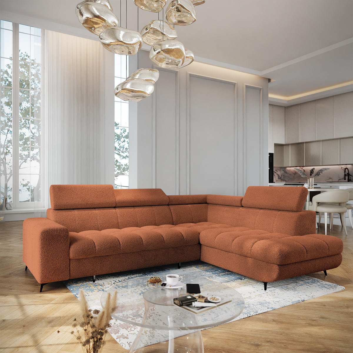 ECKSOFA MORIVA Q R-S Orange Boucle-Stoff mit Schlaffunktion - Orange, Holzwerkstoff/Textil (253/190cm) - MASSENO