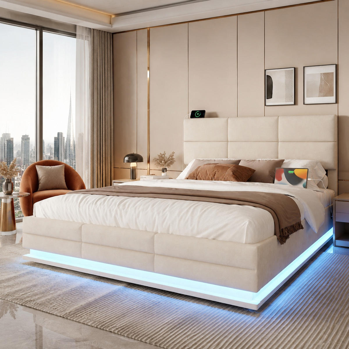 POLSTERBETT 140/200 mit LED, USB-C und hydraulischem Bettkasten in Beige - Beige, Holzwerkstoff/Textil (140/200cm) - EVRYAE