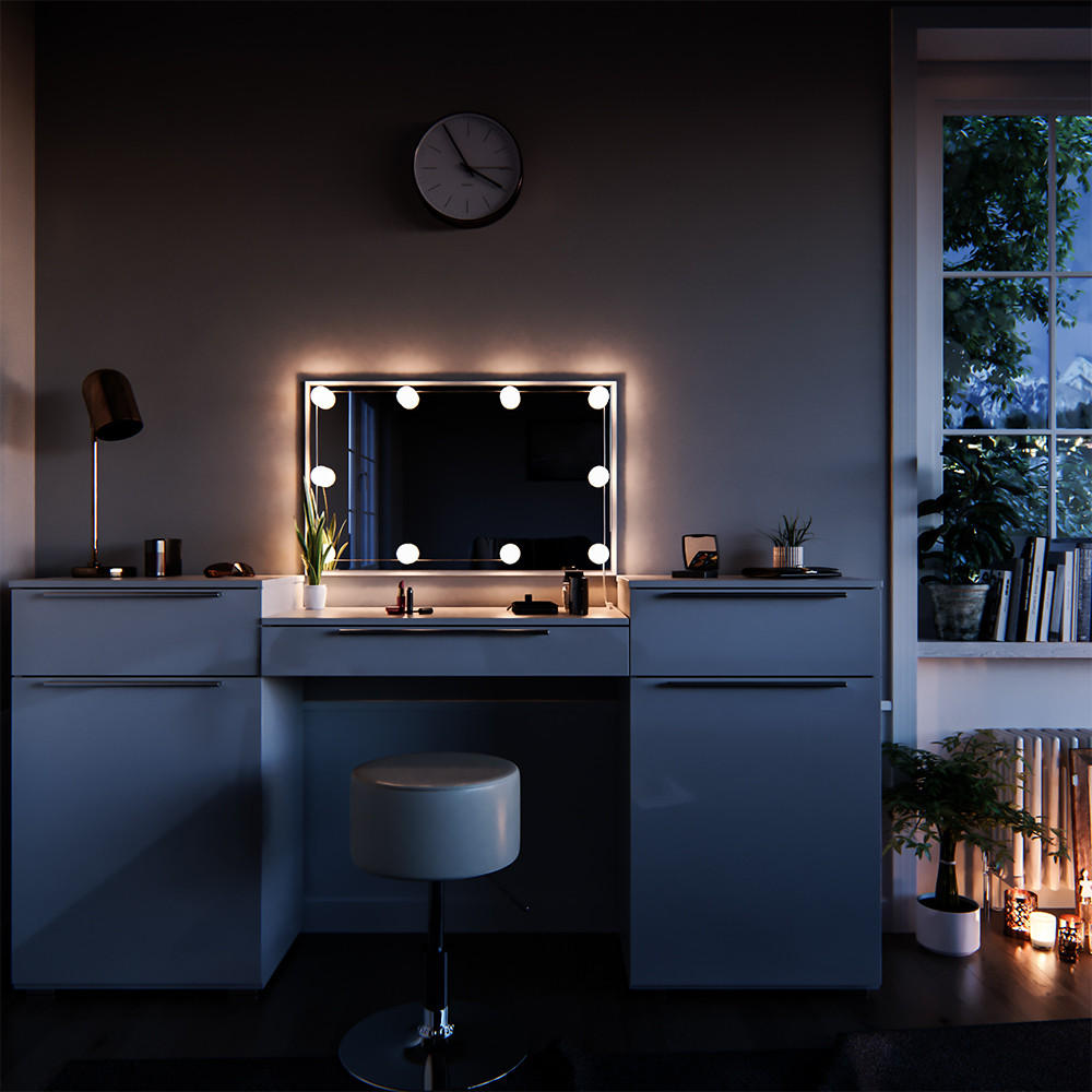 SCHMINKTISCH Lilli Weiß 190 cm mit LED Beleuchtung und Hocker - Weiß, Holzwerkstoff (190/90/39cm) - Vicco