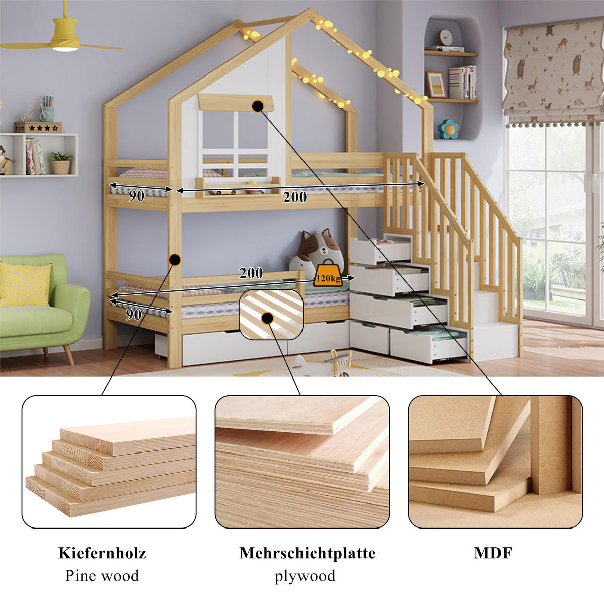 ETAGENBETT 90/200 cm in Weiß & Natur mit Stauraumtreppe und Schubladen - Naturfarben/Weiß, Holz/Holzwerkstoff (90/200cm) - WISHDOR