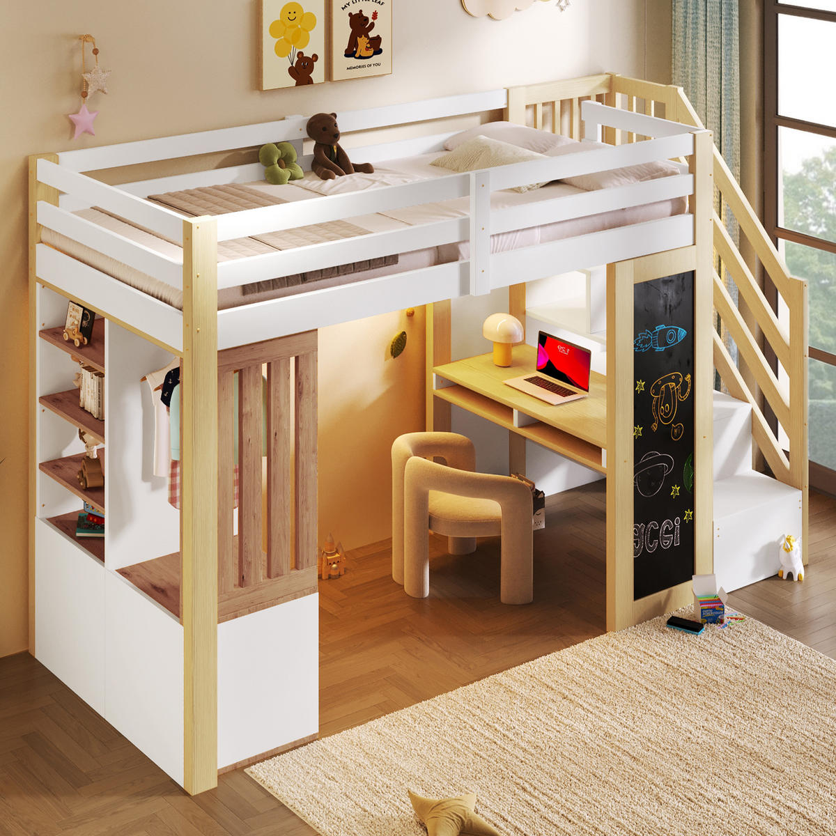 HOCHBETT 90/200 cm in Weiß & Natur mit Schreibtisch, Kleiderschrank und LED - Weiß/Naturfarben, Holz/Holzwerkstoff (90/200cm) - WISHDOR