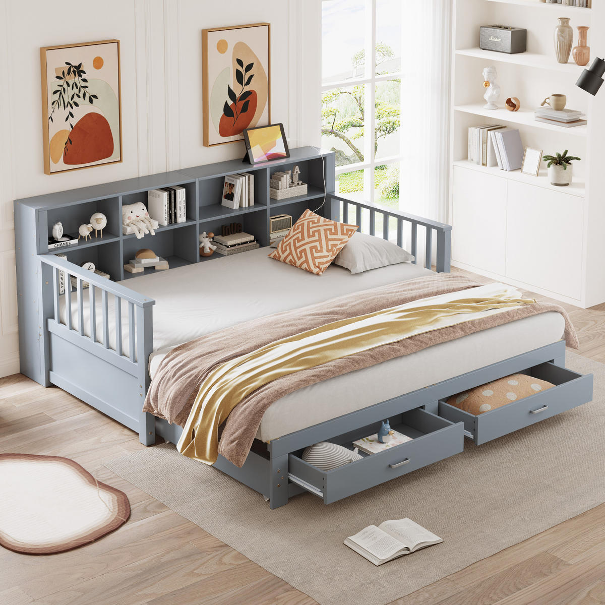 MULTIFUNKTIONSBETT 90/190 cm grau aus Holz mit Ausziehfunktion und Steckdose - Grau, Holzwerkstoff (90/190cm) - OKWISH