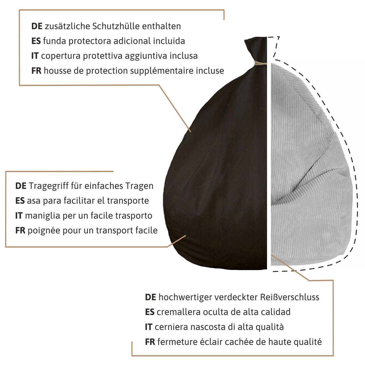 SITZSACK MIT FUßSTÜTZE Kordsamt 2-tlg Cool Gray S - Hellgrau, Textil (70/105/70cm) - Dreamroots