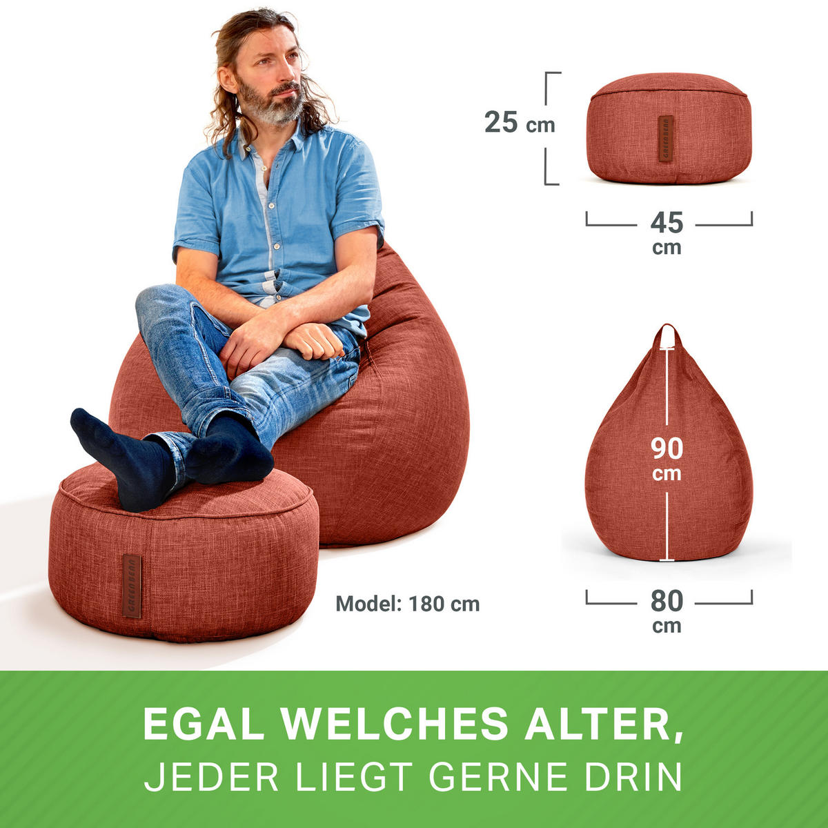 SITZSACK Indoor Set "Home Linen“+Hocker - Rot, Textil (80/90/50cm) - Green Bean