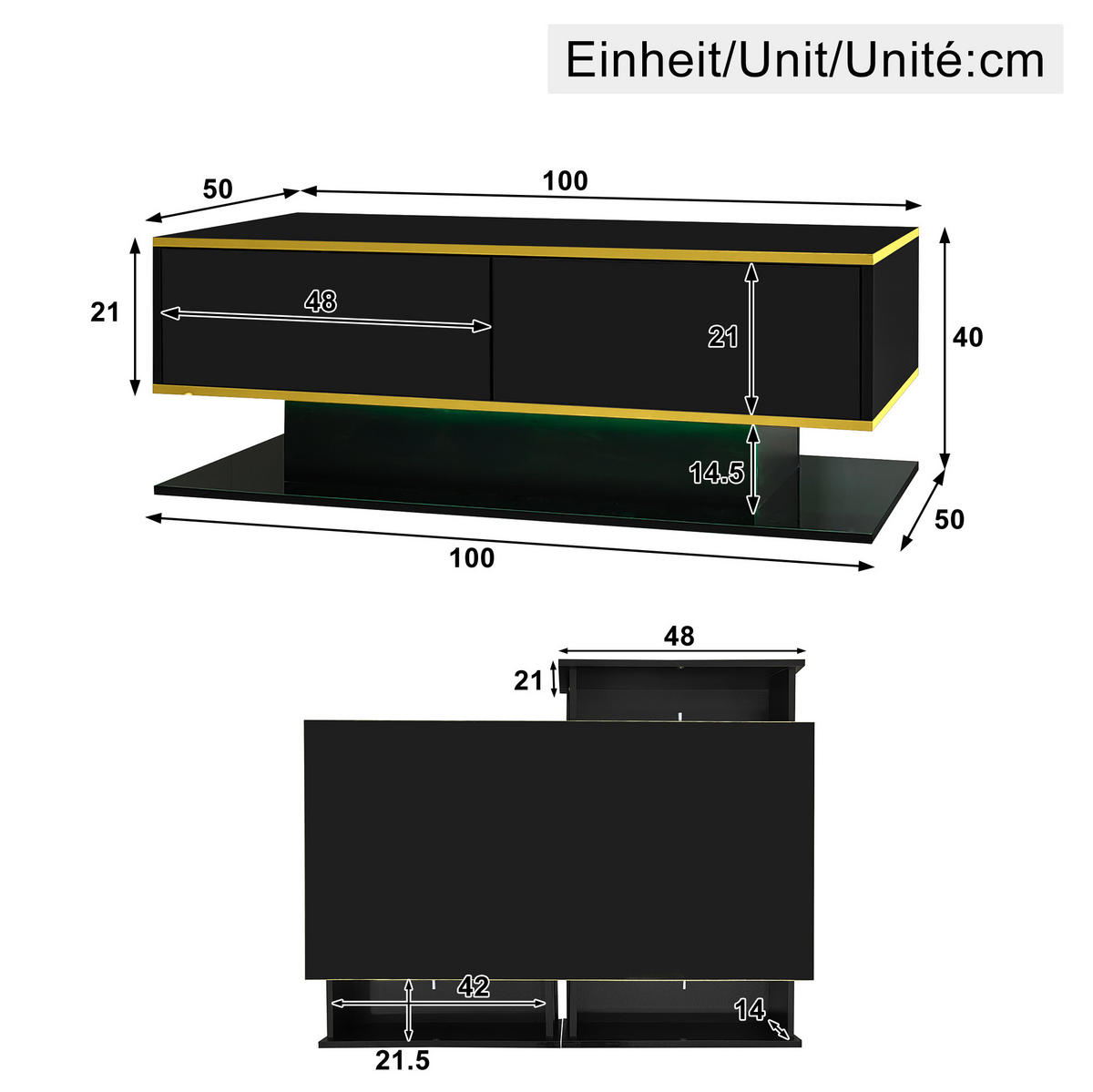 COUCHTISCH 100/50/40 cm in Schwarz/Gold mit LED-Beleuchtung und 3 Schubladen - Schwarz, Holzwerkstoff (100/50/40cm) - Flora Grace