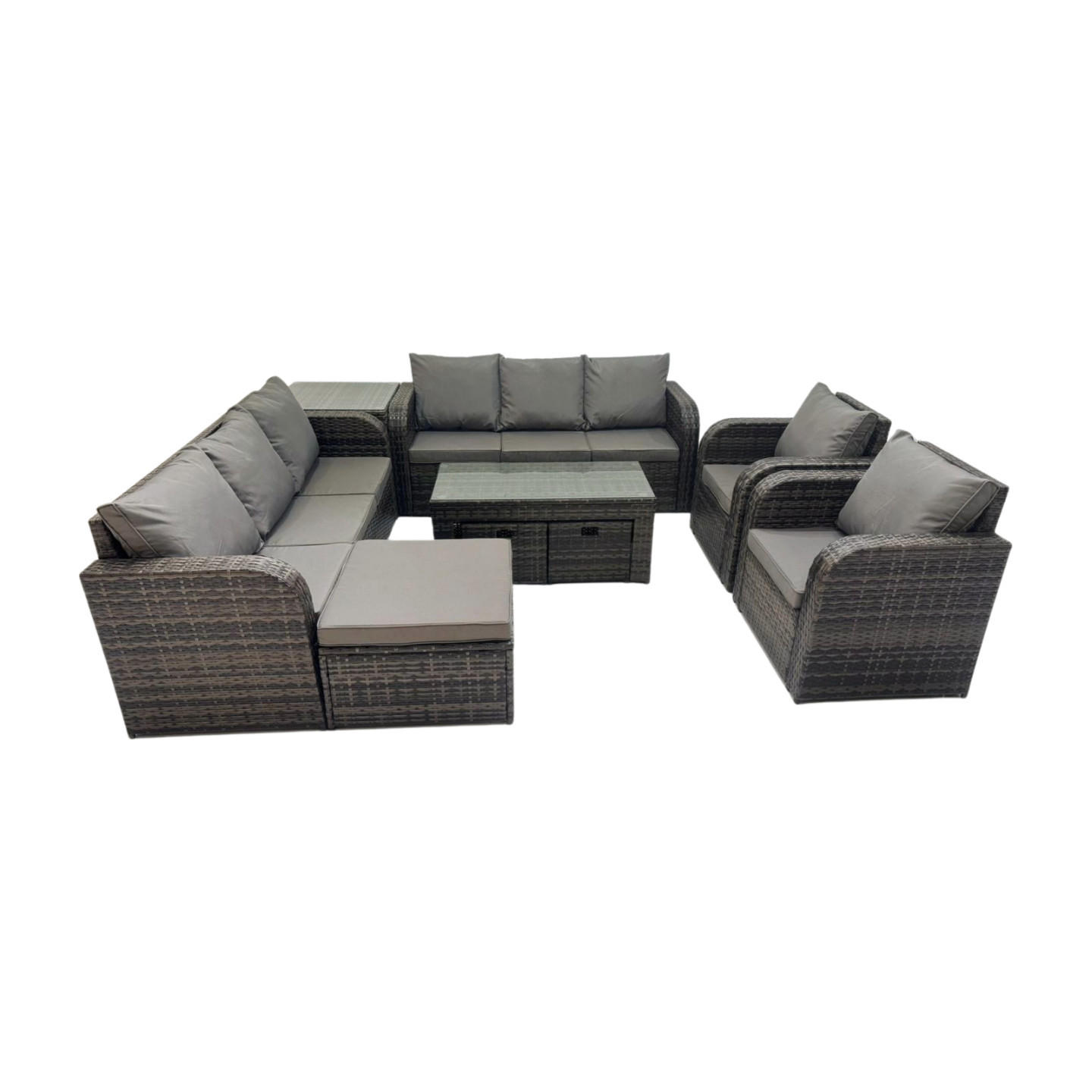 GARTENSOFA SET mit rechteckigem COUCHTISCH Polyrattan 9-Sitzer Dunkelgrau - Dunkelgrau/Grau, Glas/Kunststoff - Fimous