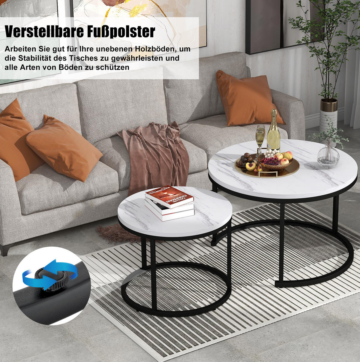 COUCHTISCH 2er-Set 50/70,5 cm & 45,5/44 cm in Marmoroptik, nestbar - Weiß, Holzwerkstoff (70.5/70.5/50cm) - Flora Grace