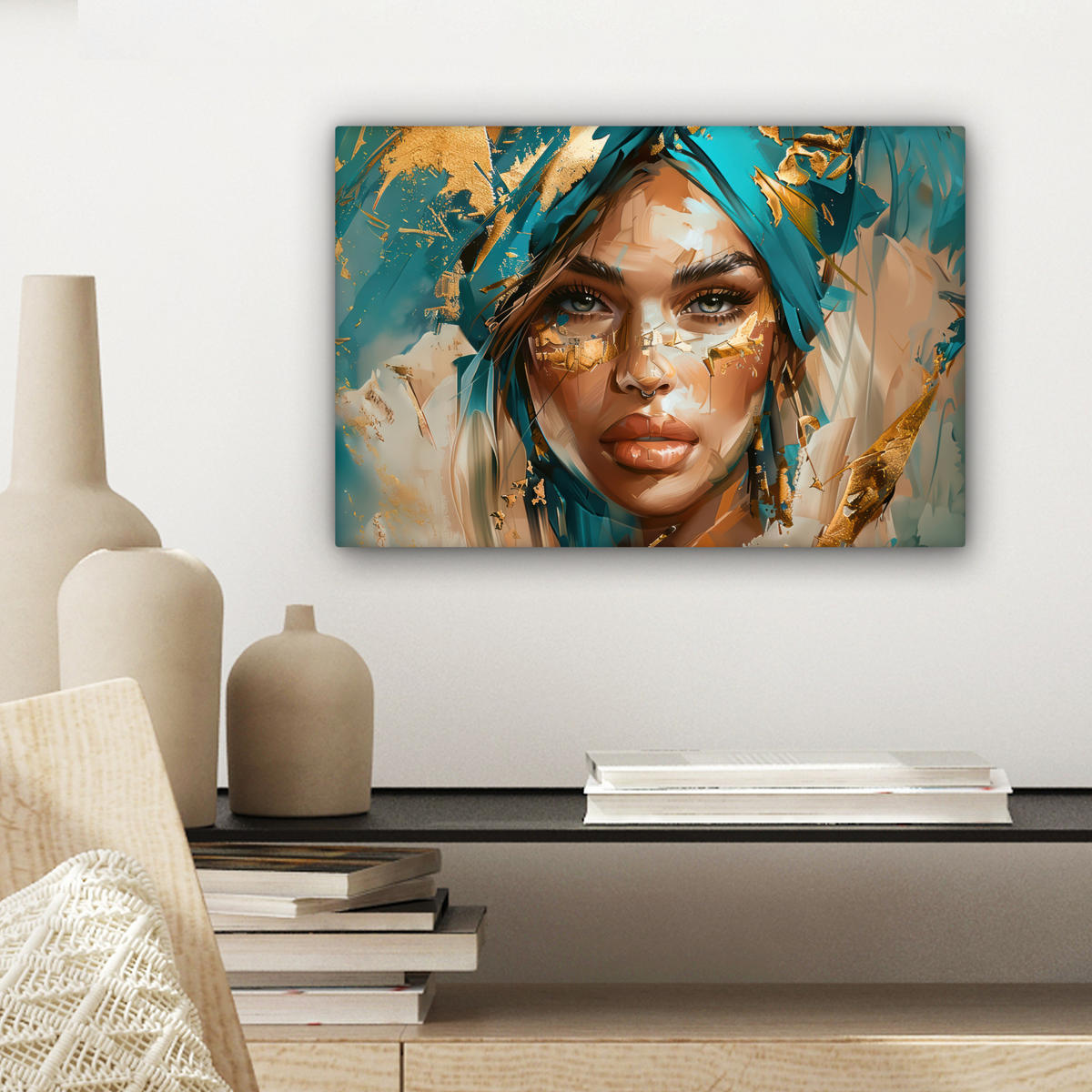 LEINWANDBILD - Frau - Porträt - Gold - Luxus - Blau - 30x20 - Deko XXL - Türkis, Textil (30/20cm) - MuchoWow