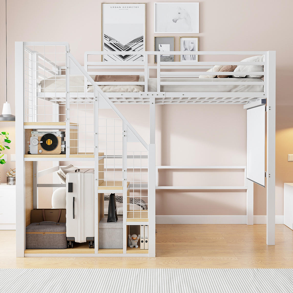 HOCHBETT 90x200 cm Metall Leiter Ablage weiß - Weiß, Metall (90/200cm) - LEBENLANG