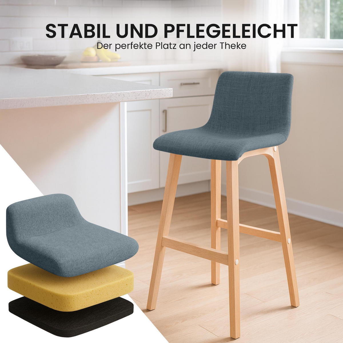 BARHOCKER 2er Set Stoff blau - Blau/Eukalyptusholzfarben, Holz/Textil (41/102/46cm) - CLP