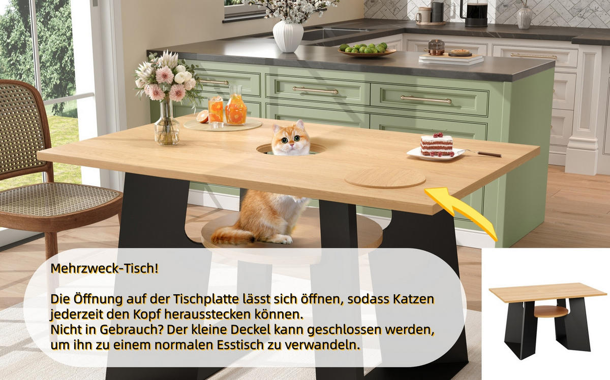 ESSTISCH 130/75/85 cm Schwarz/Natur aus Holzwerkstoff mit Haustierbereich - Schwarz, Holzwerkstoff (130/85/75cm) - OKMYHOME