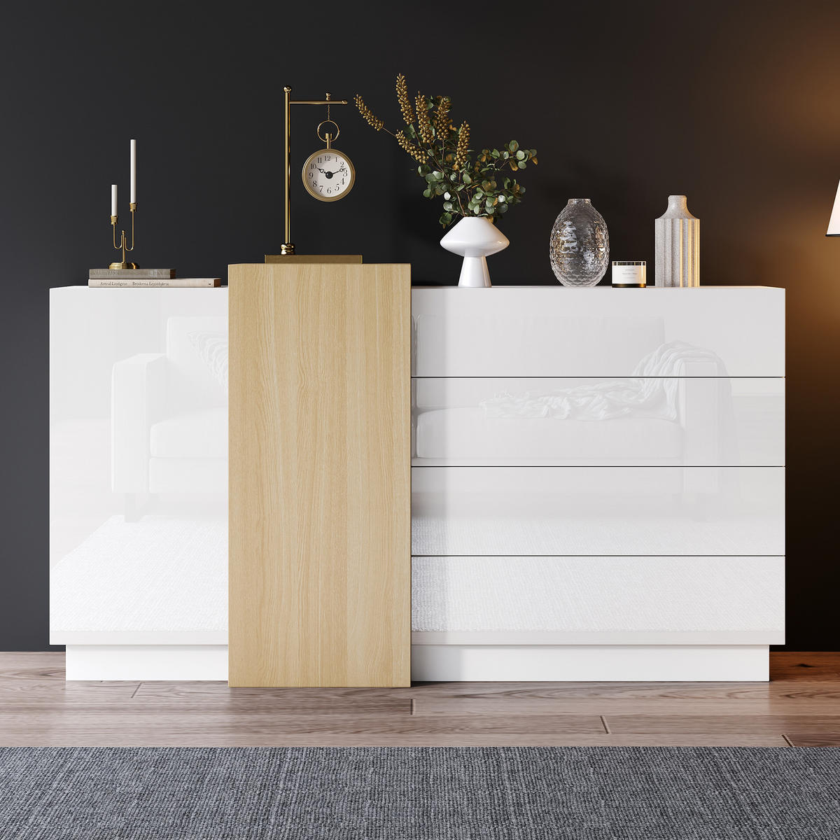 SIDEBOARD 140/35/76,5 cm in Weiß Hochglanz mit 4 Schubladen & 2 Türen - Weiß, Holzwerkstoff (140/76.5/35cm) - BEAOK