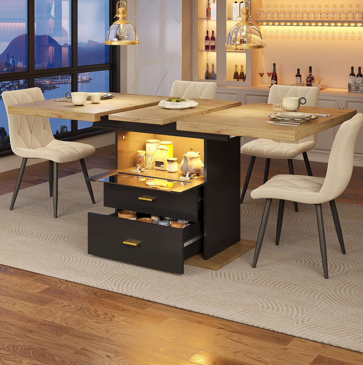 ESSTISCH 110-140x80x75 cm in Natur und Schwarz aus MDF mit LED-Beinen ausziehbar - Naturfarben, Holzwerkstoff (140/80/75cm) - Modfu