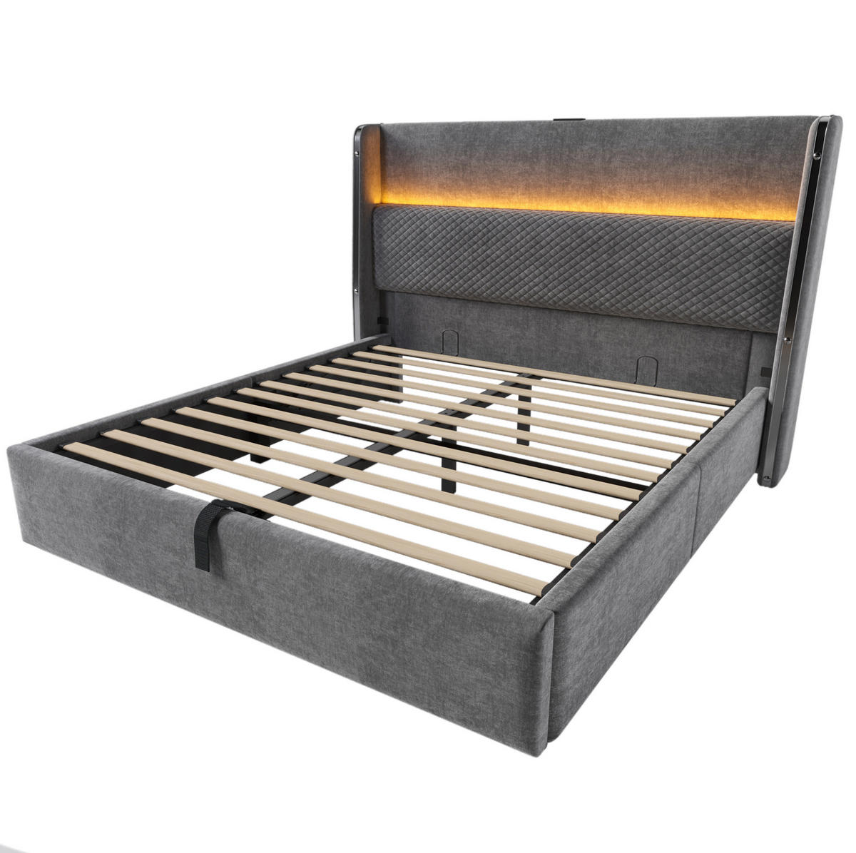 POLSTERBETT aus Leinen 140x200 cm in Grau mit LED & USB/Type-C & Stauraum - Grau, Textil (140/200cm) - Modfu