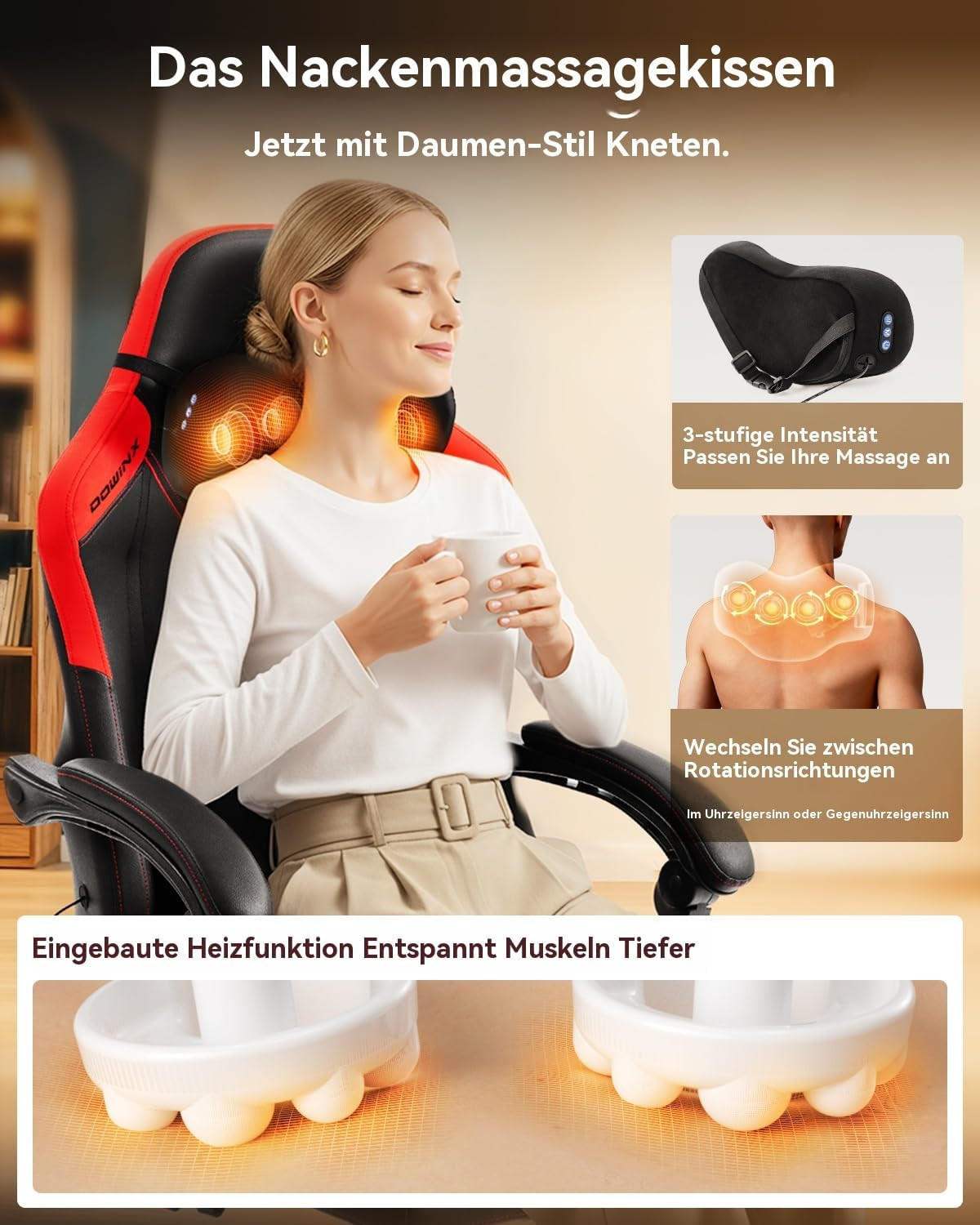 GAMING Stuhl mit Massagefunktion & Lendenwirbelstütze & Nackenstütze - Rot, Leder (56/123/70cm)