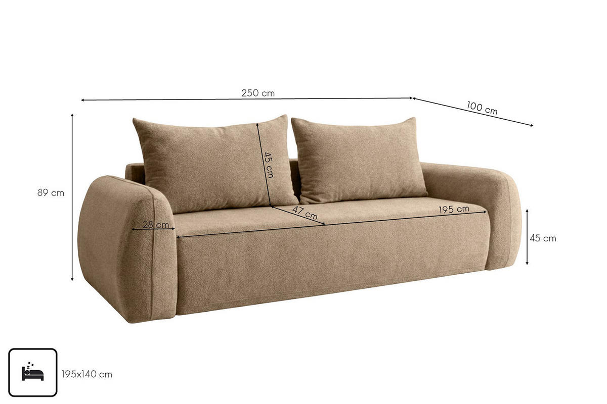 POHOVKA S Funkcí Spaní A Úložným Prostorem, Látka Doha, Tmavě Béžová, HELA - béžová, dřevo (250/89/100cm) - Kaiser Möbel