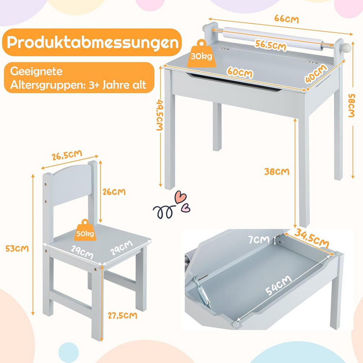 KINDERSCHREIBTISCH mit Stuhl grau(2-tlg) - Grau, Holzwerkstoff (66/58/40cm) - COSTWAY