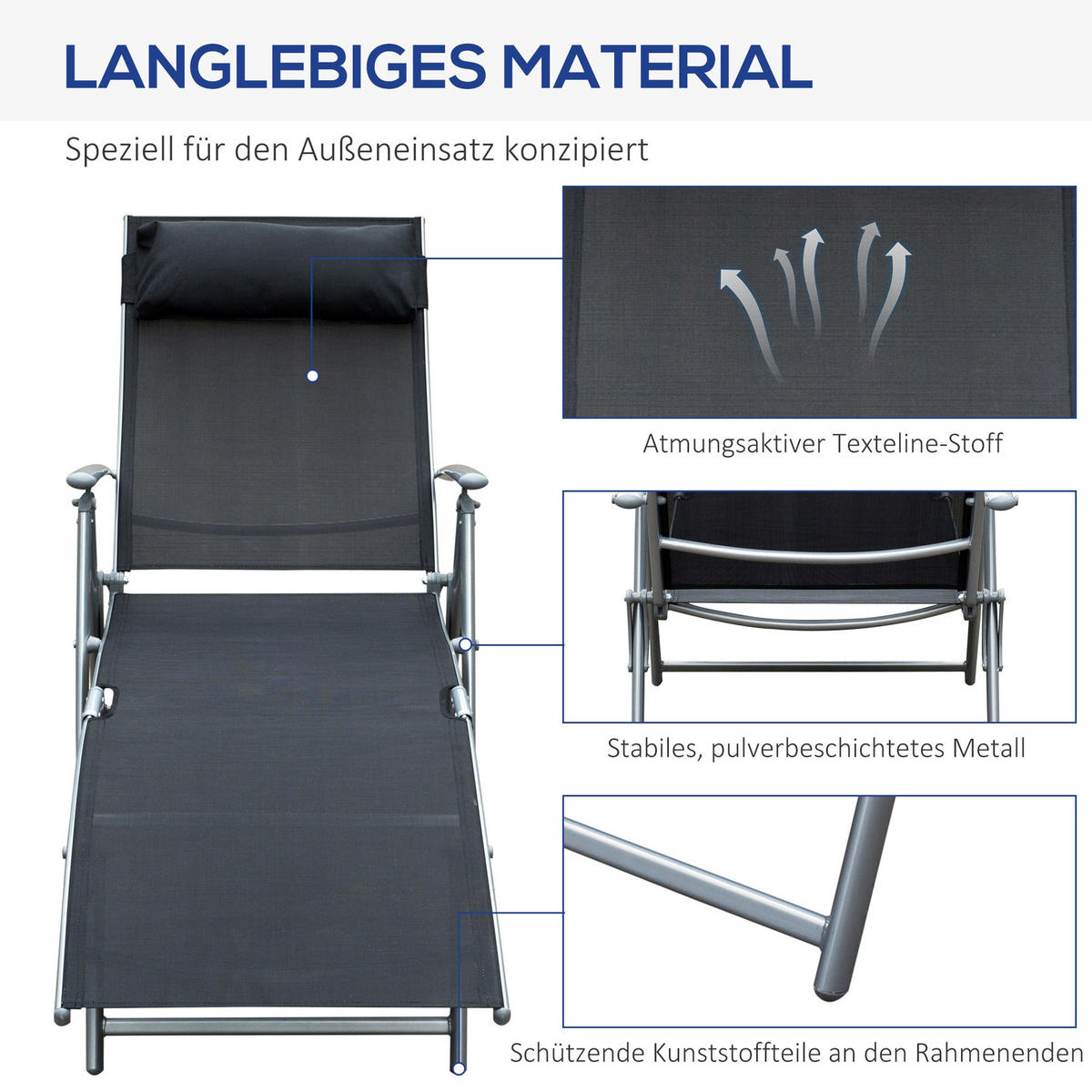 SONNENLIEGE Schwarz 137/63,5/100,5 cm - Schwarz, Metall (137/100.5/63.5cm) - PANGIVO