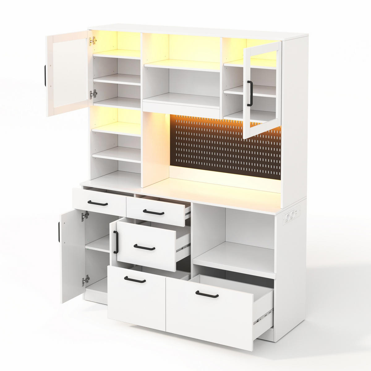 BUFFET 185 cm MDF Weiß mit RGB-LED, Lochplatte und Glasfront - Weiß, Holzwerkstoff (40/185/145cm) - Korfee