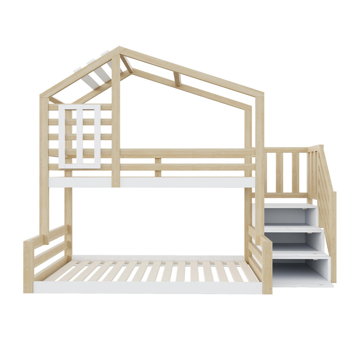 POSCHODOVÁ posteľ 90/200 a 140/200 cm prírodná z borovicového dreva a MDF s úložnými schodmi a oknom - prírodná farba, drevo (90/200cm) - OKWISH