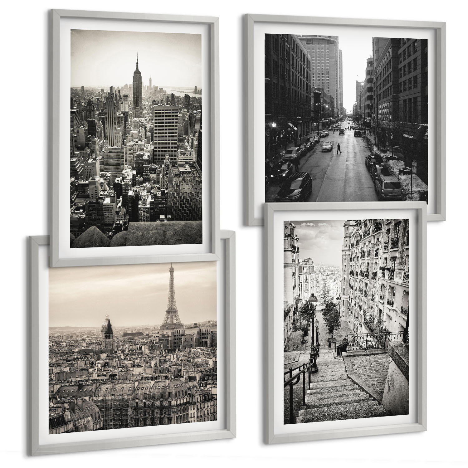 BILDER SET 4er Set - 50x50 cm & 40x60 cm Silberner Rahmen - Aussicht Paris New York Treppen - Silberfarben, Kunststoff (50/50cm) - TULUP