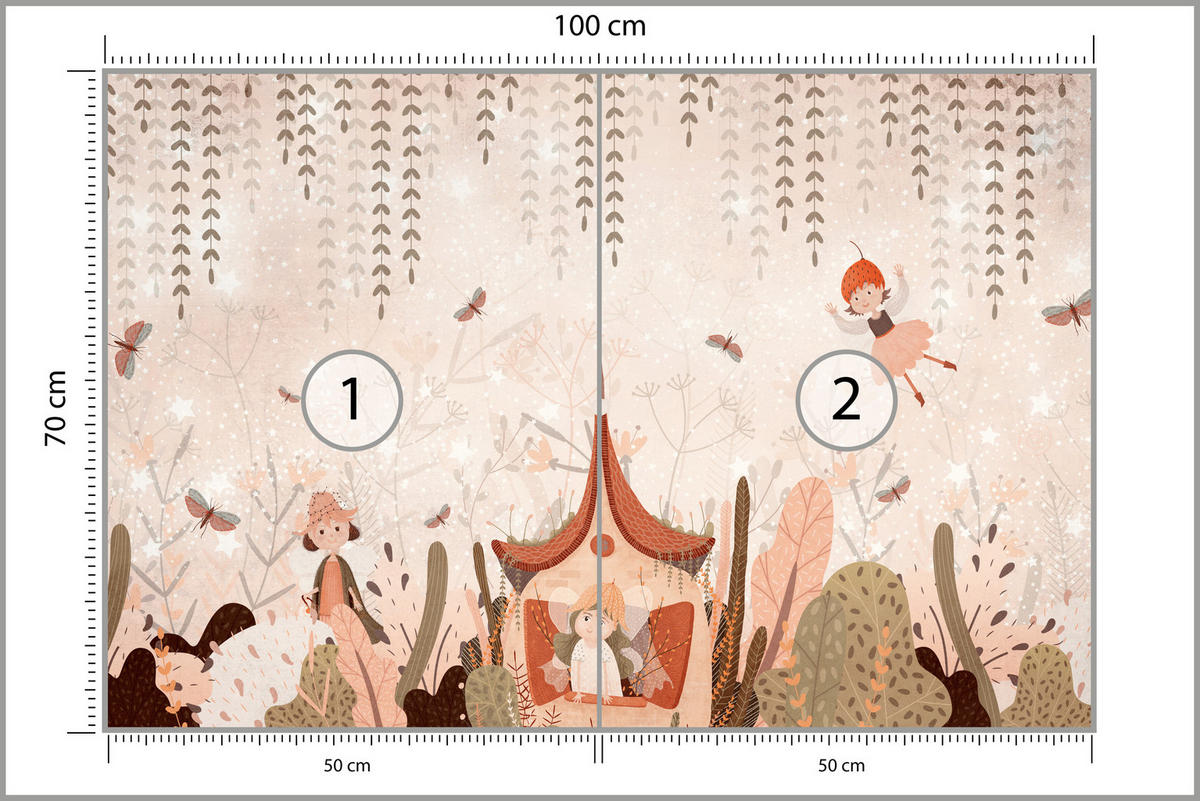 FOTOTAPETE für Kinderzimmer Feen Aquarell Wald Blumen Blätter Boho 100x70 - Beige/Orange, Papier (100/70cm) - Muralo