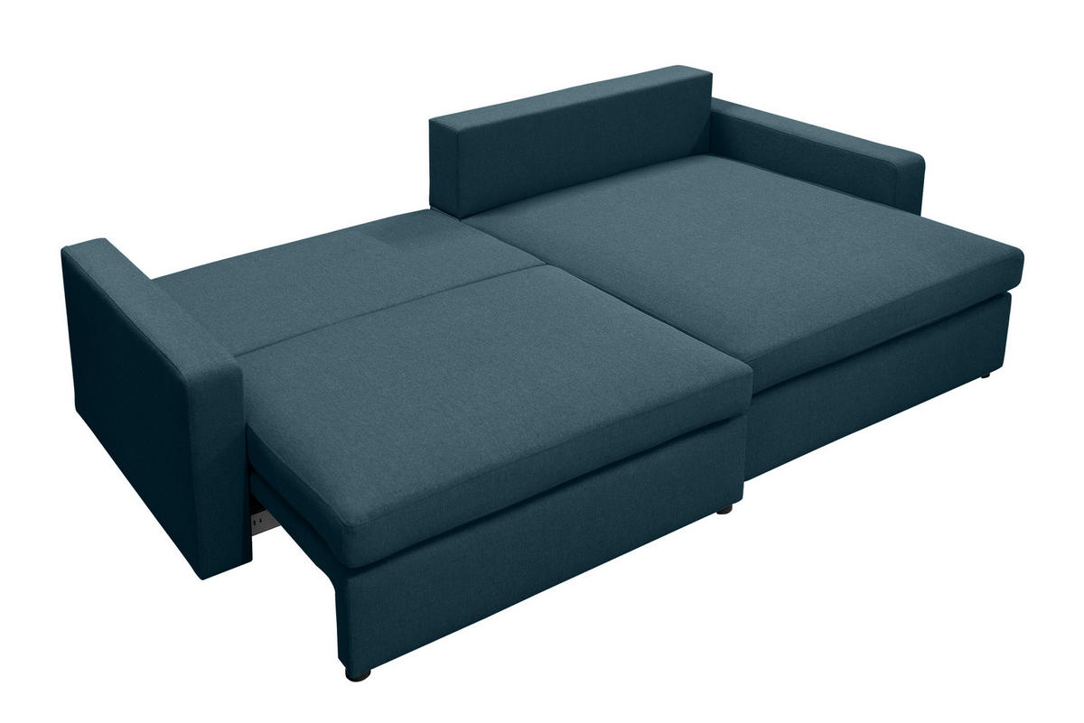 ECKSOFA Mit Schlaffunktion Und Bettzeugablage LUBEKA Stoff Faro Azurblau Rechts - Dunkelblau, Holz (224/147cm) - Kaiser Möbel