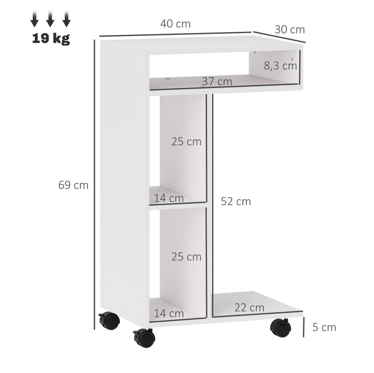 BEISTELLTISCH 40/30/69 cm Weiß mit 4 Regalen höhenverstellbar - Weiß, Holzwerkstoff (40/30/69cm) - OKWISH