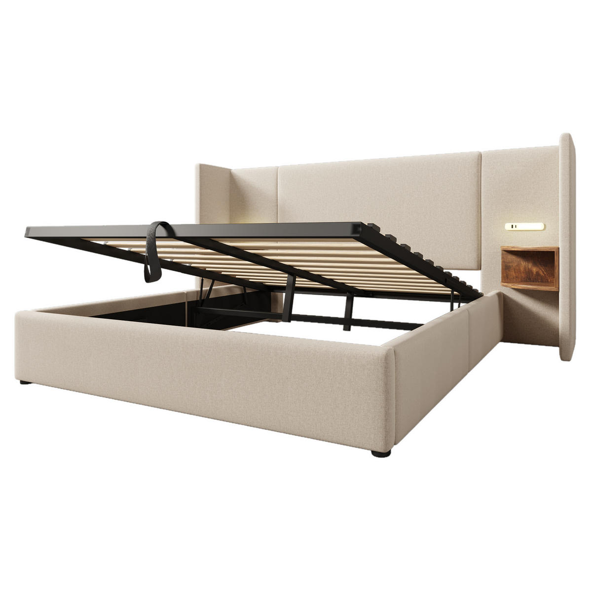 POLSTERBETT mit Bettkasten 160/200 cm in Beige mit Leselampe und USB-C - Beige, Textil (160/200cm) - BEAOK