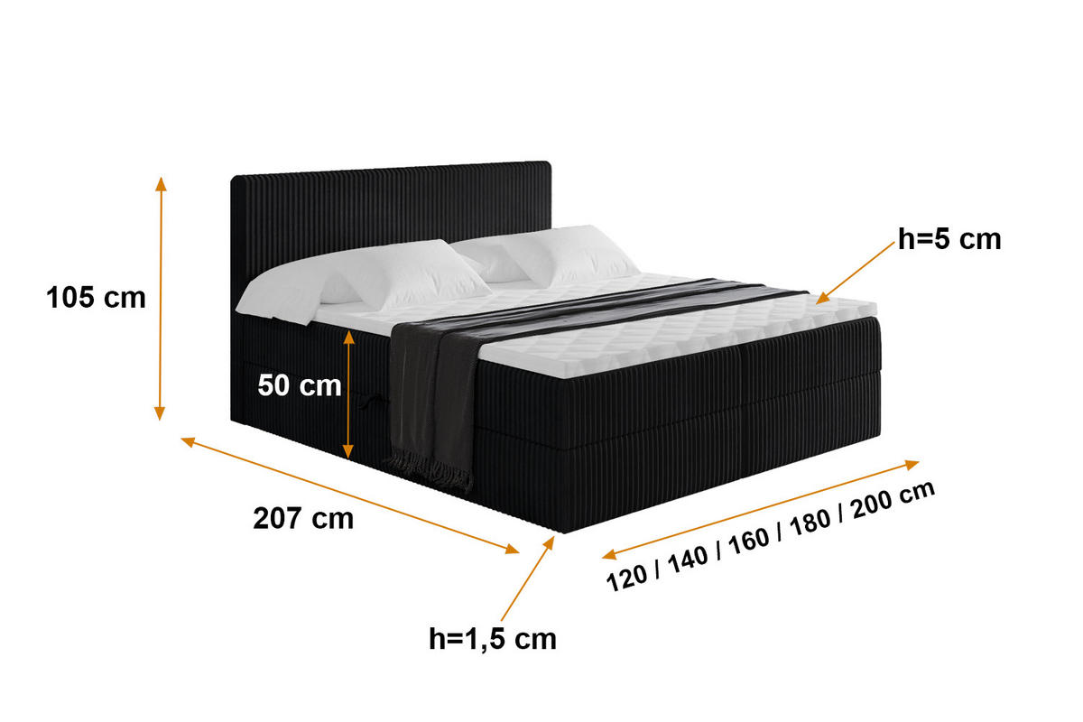 BOXBETT mit Matratze H4 und Lattenrost - TOLO - 200x200 Cord - Schwarz - Schwarz, Holzwerkstoff/Kunststoff (200/200cm) - ALTDECOR