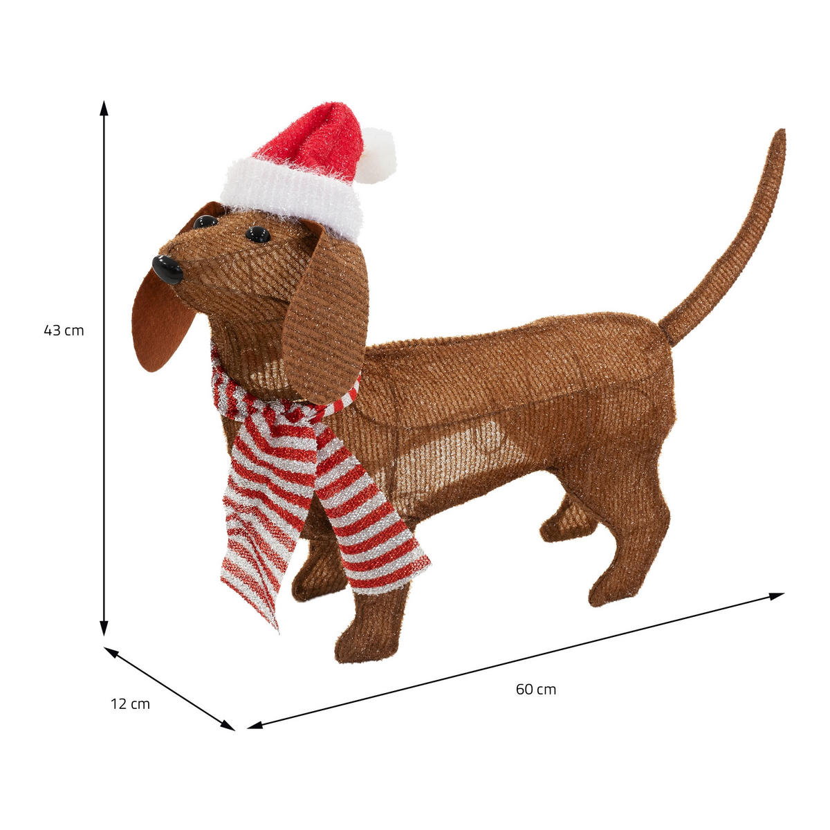 LED DACKEL WEIHNACHTSDEKO Innen mit Mütze und Schal 60x43 cm 40 LED - Braun, Metall (60/43/12cm) - ECD-Germany