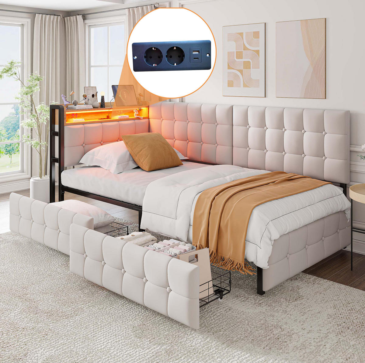 SCHLAFSOFA aus Samt 90x200 cm Beige mit 2 Schubladen, LED-Beleuchtung und USB-C-Anschluss - Beige, Textil (90/200cm) - IVMEU