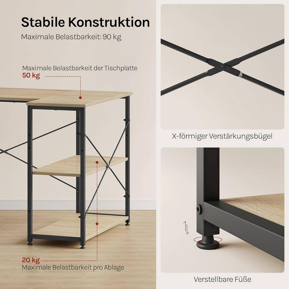 SCHREIBTISCH mit 2 Ablagen,120x73x72 cm, Helle Eiche - Eichefarben, Holzwerkstoff/Metall (72/120/72.5cm) - Woltu