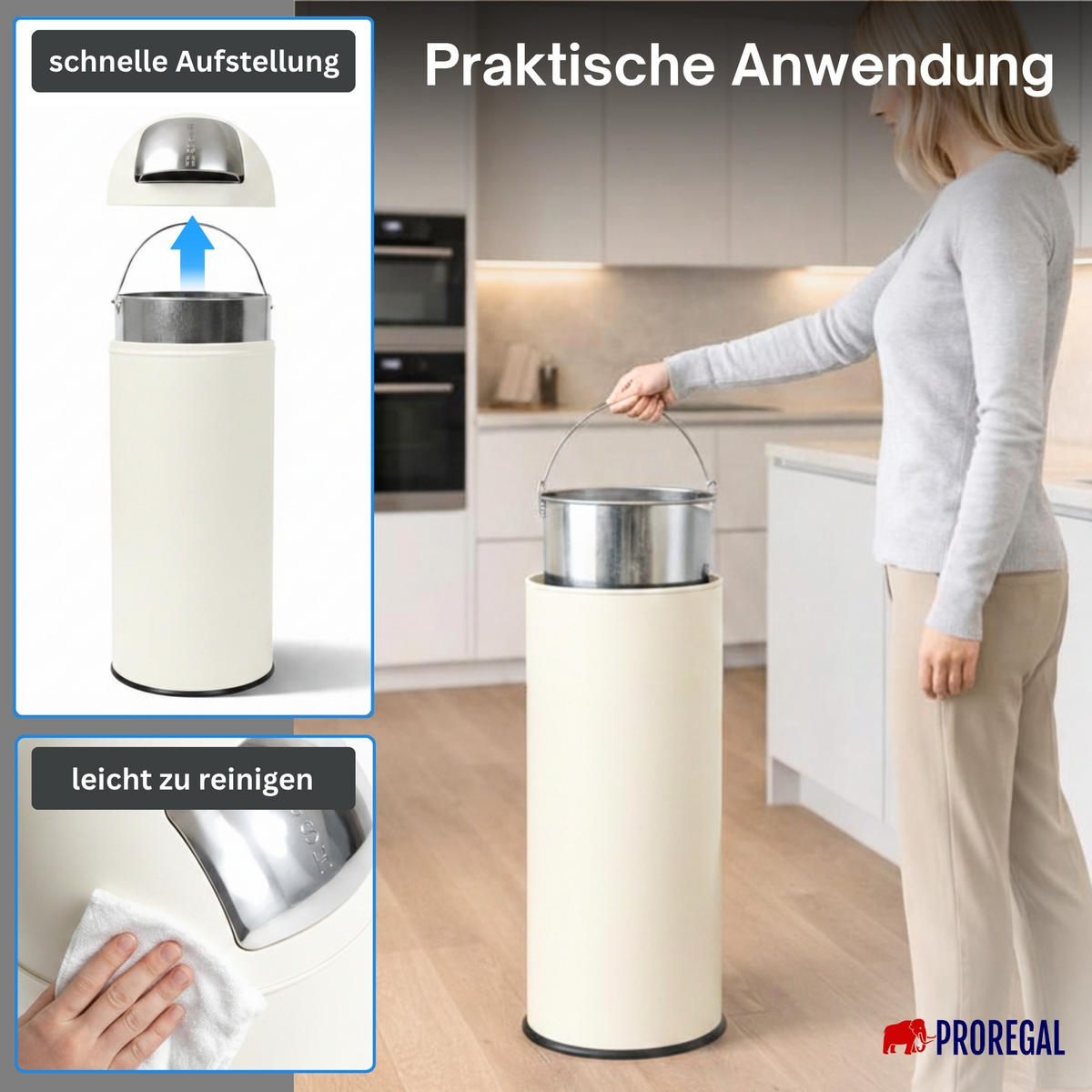 MÜLLEIMER 70 Liter mit Push Klappe Creme - Creme, Metall (41.5/89.5/41.5cm) - PROREGAL