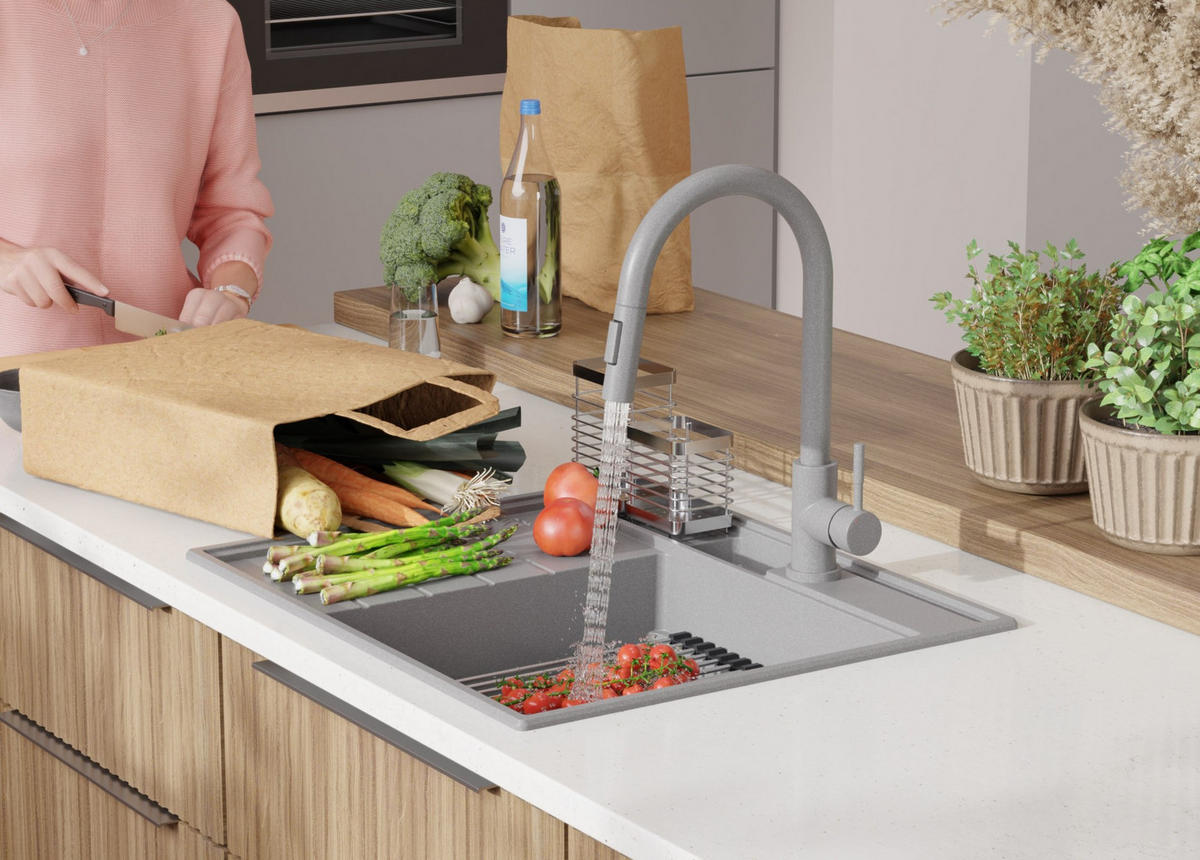 SPÜLBECKEN Sydney Pocket, 2-er set Grau 62/53 cm 1 Becken + Ablauf-Set + Küchenzubehörset ab 45er Unterschrank - Chromfarben/Beige, Kunststoff (62/20/53cm) - Primagran