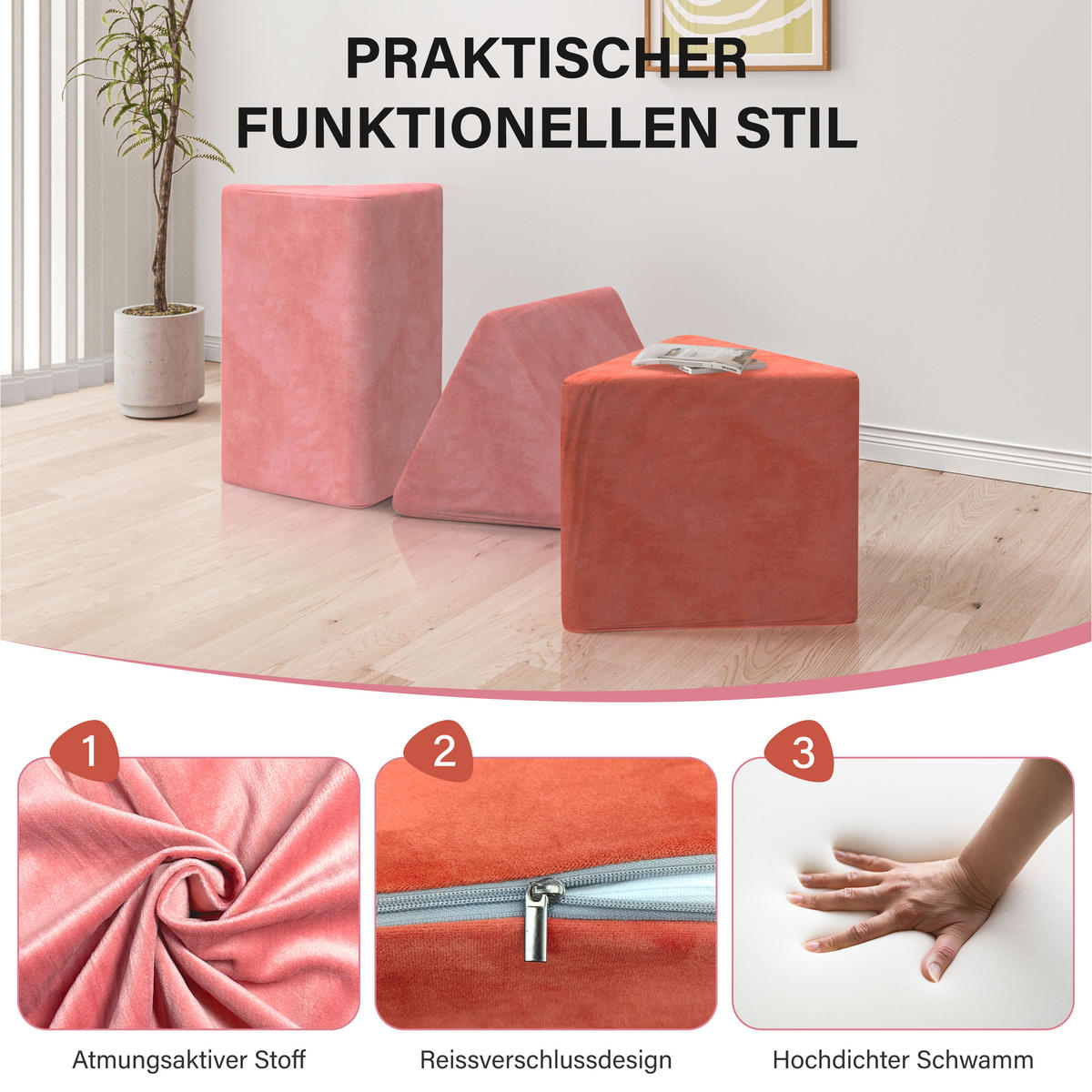 HOCKER Cord Dreieck Rosa 3er-set - Pink, Textil (53/40/53cm) - Vercart