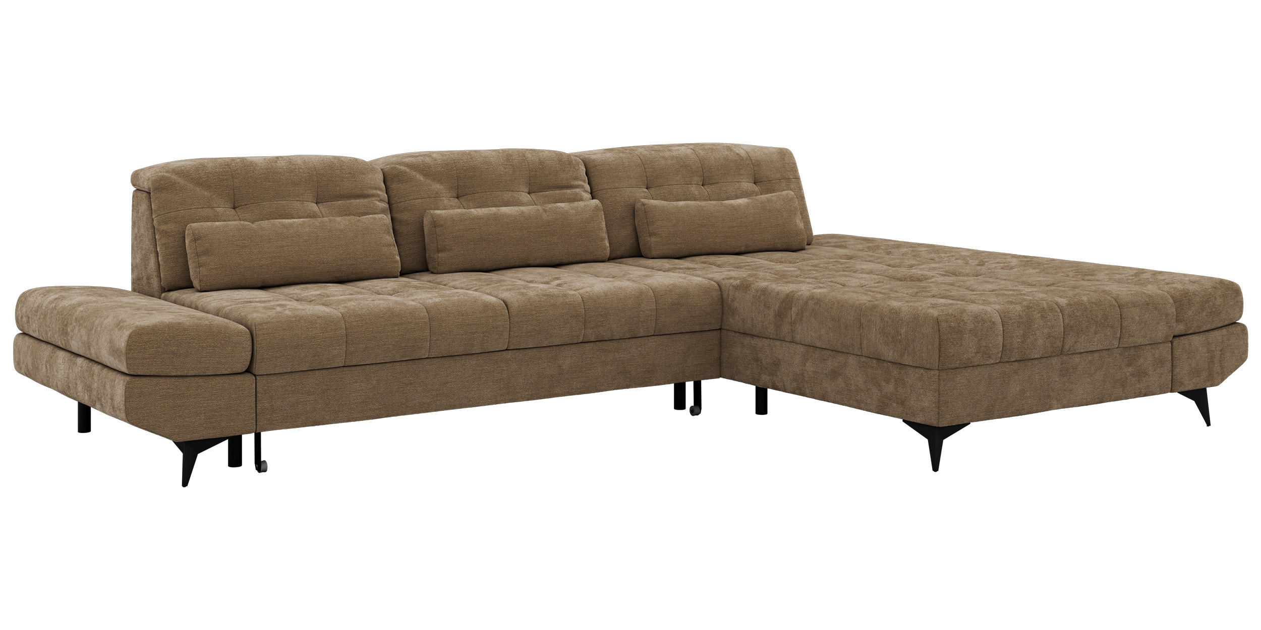 ECKSOFA ALVENO L - Hellbraun Schenille glatt - Rechts Seite - Hellbraun/Schwarz, Textil/Metall (344/218cm) - MKS