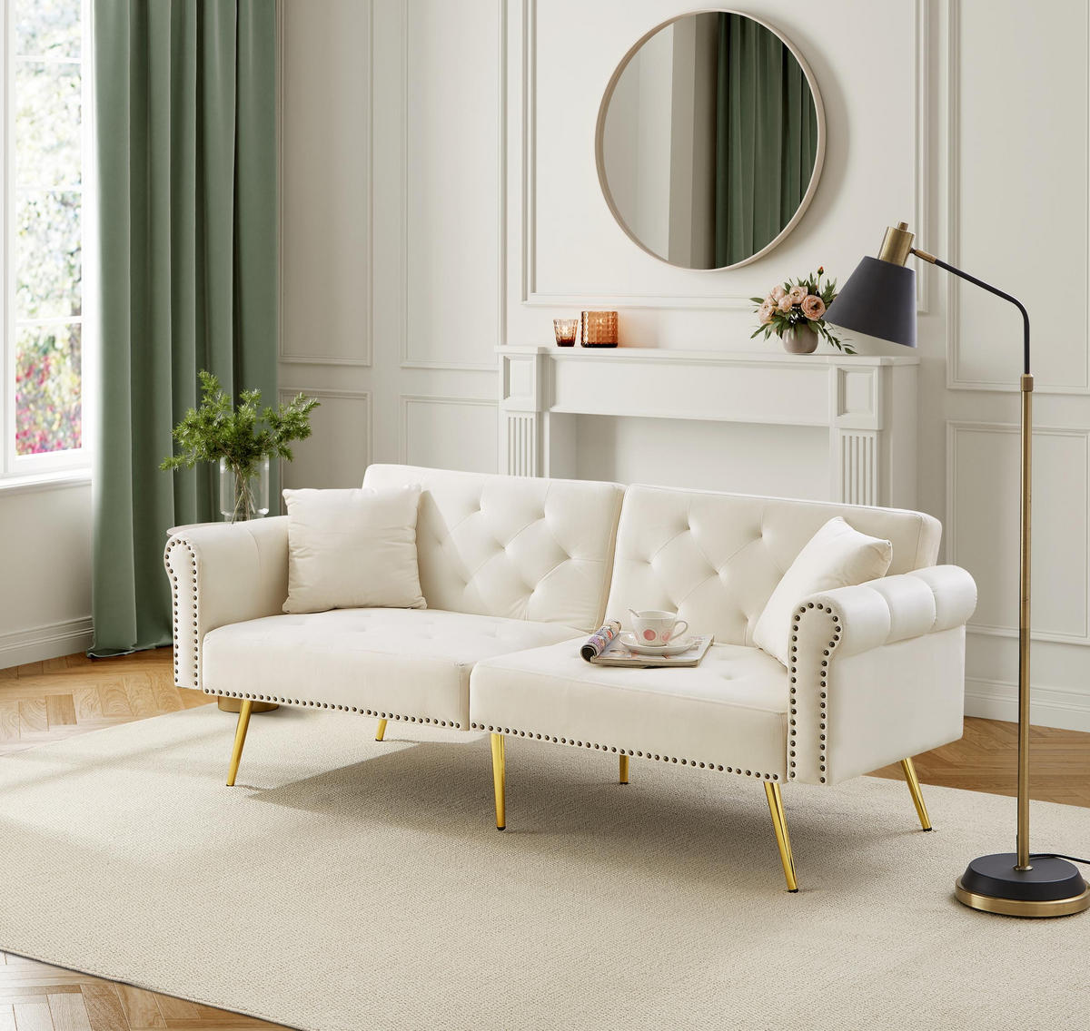 SCHLAFSOFA 2-Sitzer mit Samtbezug und Rückenlehne - Beige, Kunststoff (173/70/75cm)