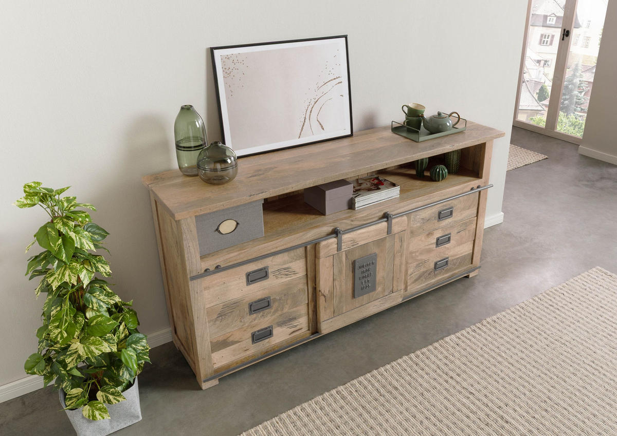 SIDEBOARD Mango 180x45x90 beige lackiert RAILWAY #367 - Beige, Holz (180/90/45cm) - Massivmoebel24