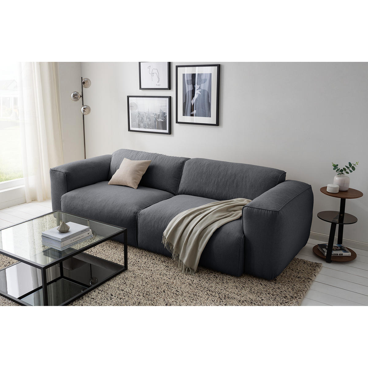 3-SITZER SOFA - Schwarz/Grau, Kunststoff/Textil (251/71/102cm) - home24