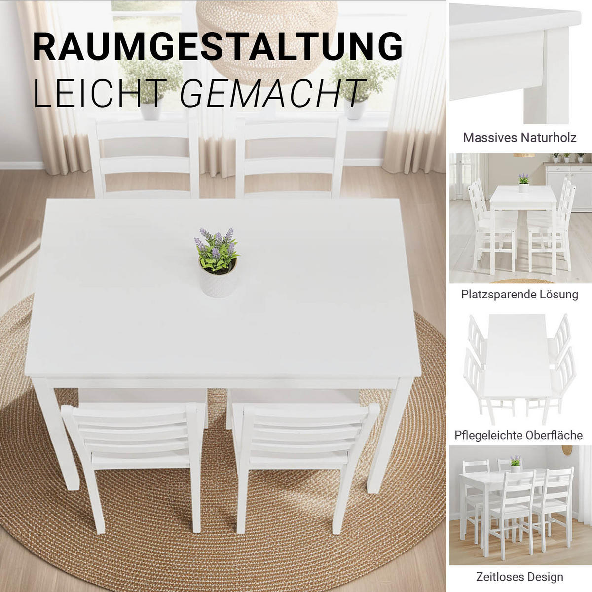 TISCHGRUPPE 108x65 cm weiß mit 4 Stühlen - Grau, Holz (65/86/108cm) - Homestyle4u
