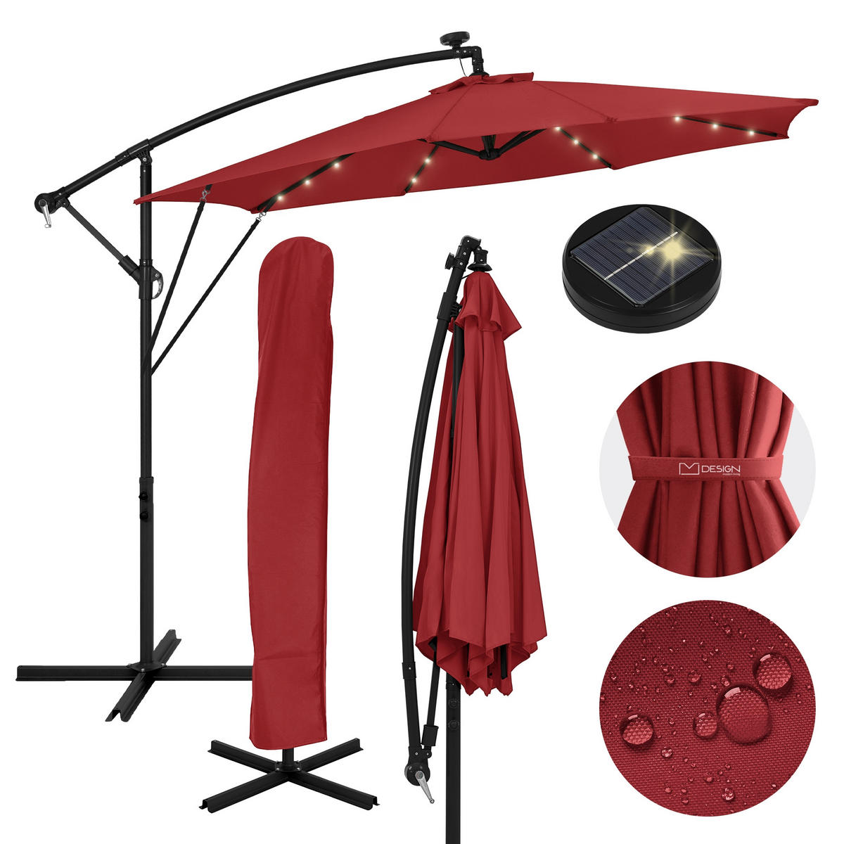AMPELSCHIRM Ø 300 cm in Rot aus Aluminium mit LED-Solar - Rot, Metall (300/300cm) - ML-DESIGN