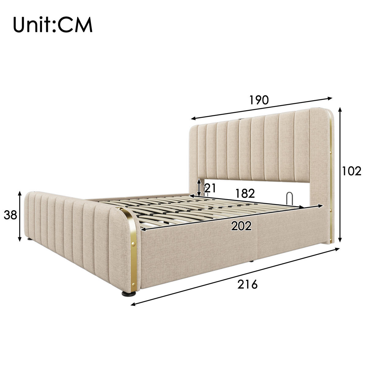 POLSTERBETT 180/200 cm Beige aus Leinenstoff mit Stauraum - Beige, Textil (180/200cm) - OKMYHOME